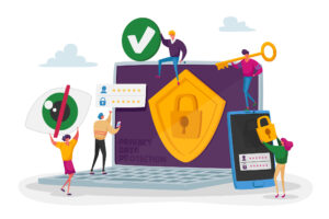 Privacy Data Protection in Internet, Virtual Private Network. Tiny Characters around of Huge Laptop with Shield and Lock
