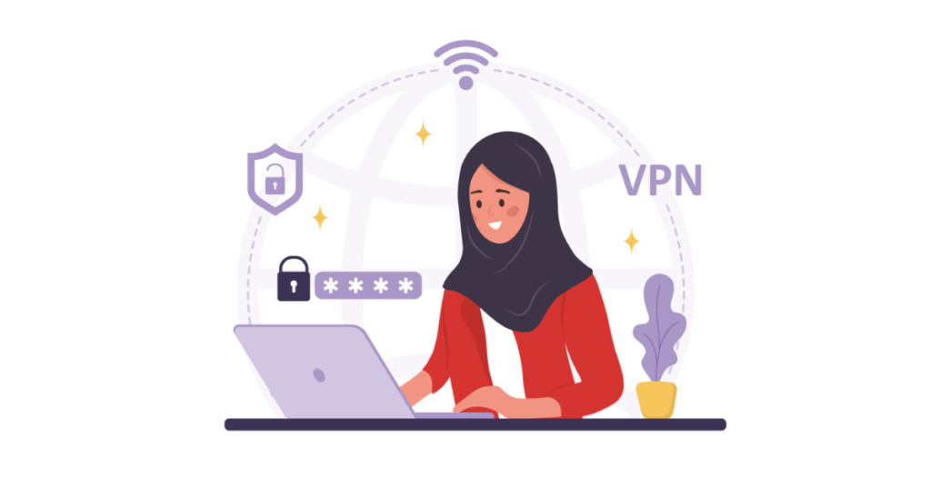 VPN Technology concept. Woman using app for protect personal data. Cyber security. Virtual private network connection. Modern software for remote servers.
