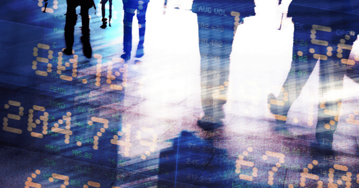 Abstract image of traders in financial district with trading screen data, light reflections and blurred movement.