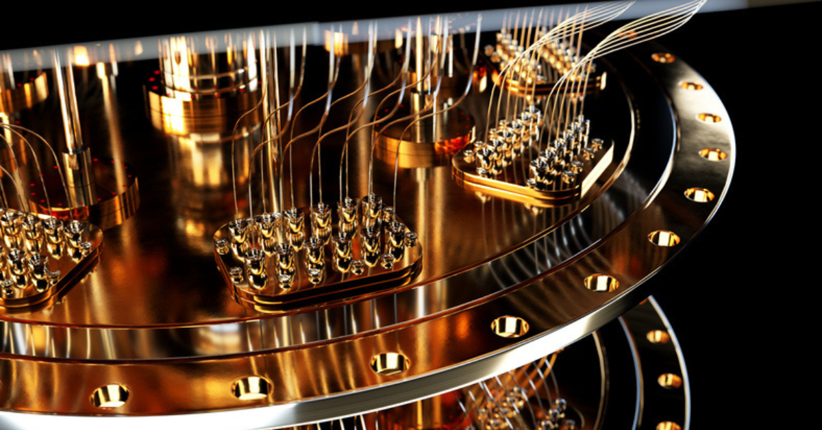 a picture of a gold quantum computing machine.