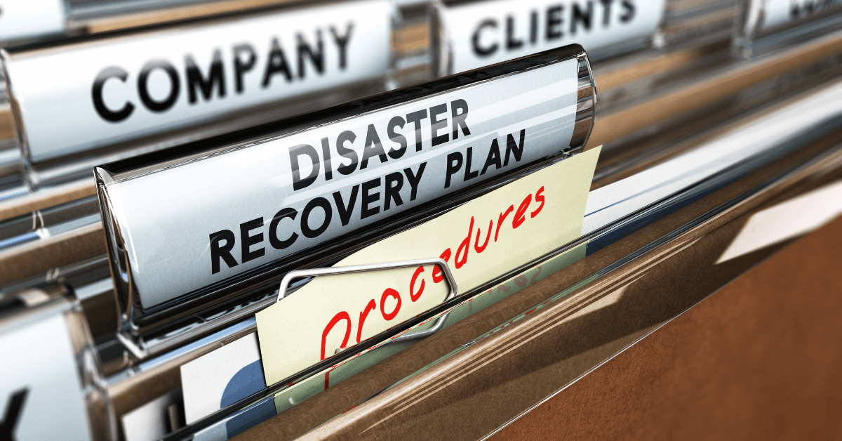 Folders in a filing system with labels that say Disaster Recovery Plan.