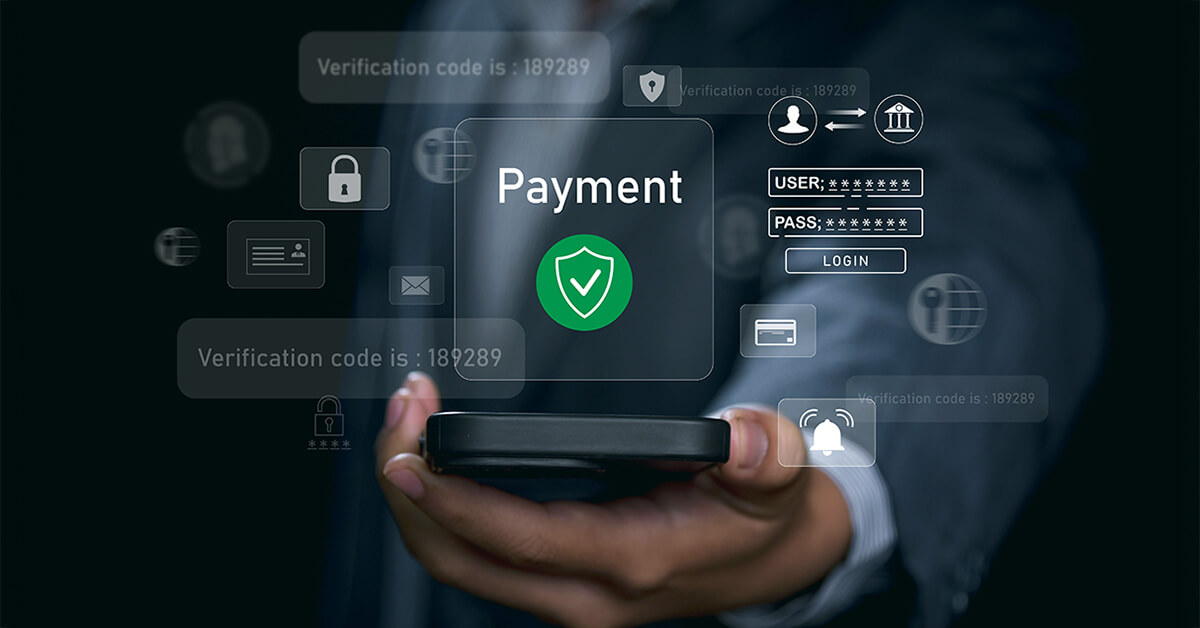 Digital payment interface with security icons and authentication elements displayed above a smartphone.