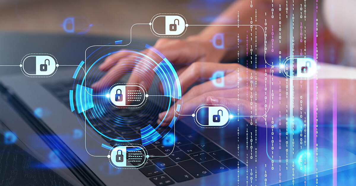 Close-up of hands typing on a laptop with digital security and encryption icons overlay.