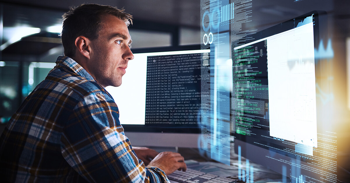 Cybersecurity professional analyzing security data, risk metrics, and operational dashboards.