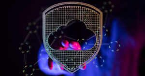Cloud security shield protecting cloud infrastructure.
