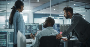 Cybersecurity team collaborating during an active incident response investigation.